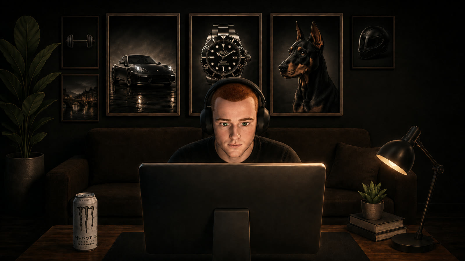 Michael at his desk at night, headphones on, focused on the screen